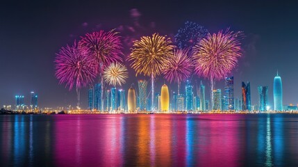 Celebration in the Sky: Magnificent fireworks over Doha, Qatar, marking Qatar National Day on September 23, 2018, with vibrant bursts of color lighting up the night.