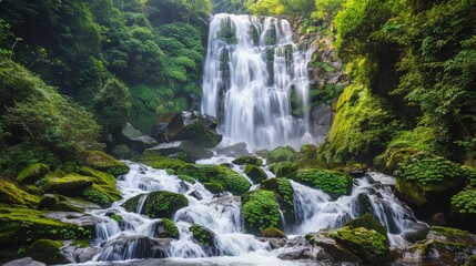 Obraz premium Lush Green Waterfall in a Tropical Rainforest