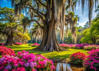 Majestic cypress trees draped in Spanish moss tower above vibrant azalea blooms, lilies, and aerial roots in a serene and picturesque spring landscape design.