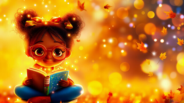 A young girl reading a book surrounded by autumn leaves in a warm, golden atmosphere