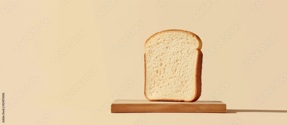 Canvas Prints Minimalist concept featuring a white bread slice on a wooden board set against a beige background ideal for vegan product promotions with copy space image