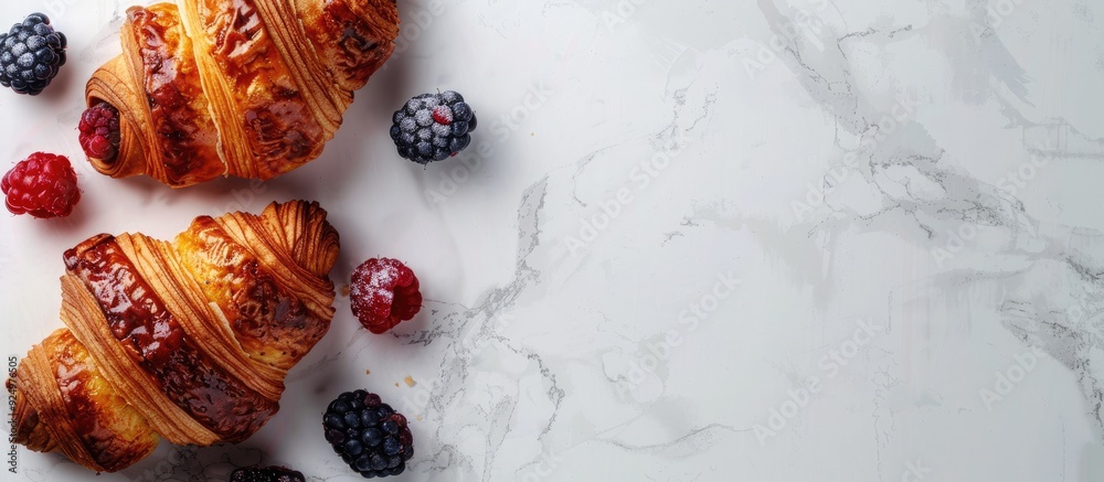 Sticker Top view of scrumptious berry pastries on a white marble surface with room for text in the image. Copy space image. Place for adding text and design