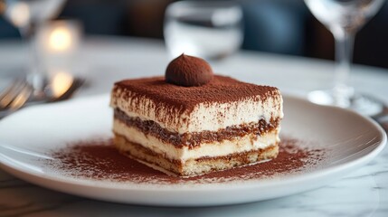 A slice of Tiramisu dessert, dusted with cocoa powder and served on a white plate.