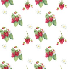 Strawberry watercolor illustration. Seamless pattern on white background