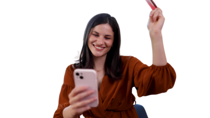 Beautiful woman using smartphone and shopping online at home	