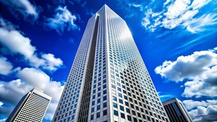 Obraz premium Majestic white skyscraper with sleek black windows stands tall against a brilliant blue sky, showcasing modern architecture and a striking urban landscape.