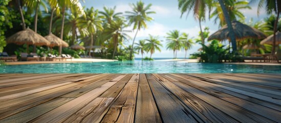 Wooden table surface available for showcasing products in front of a tropical resort backdrop providing ample copy space image for advertisements