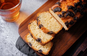 Poppy seed cake with cup of tea