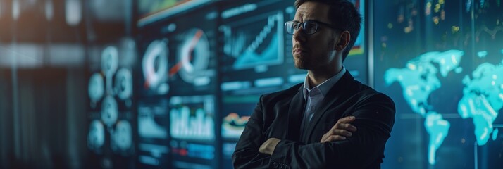 A business individual is observing and analyzing various data visualizations on multiple digital screens, focusing on charts and graphs.