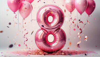 Pink birthday / anniversary balloon, number 8, confetti decoration on white background