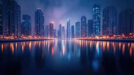 Fototapeta premium Dubai Marina Glow: Nighttime long exposure of Dubai Marina, highlighting the glowing reflections of the city's lights on the calm waters of the marina.