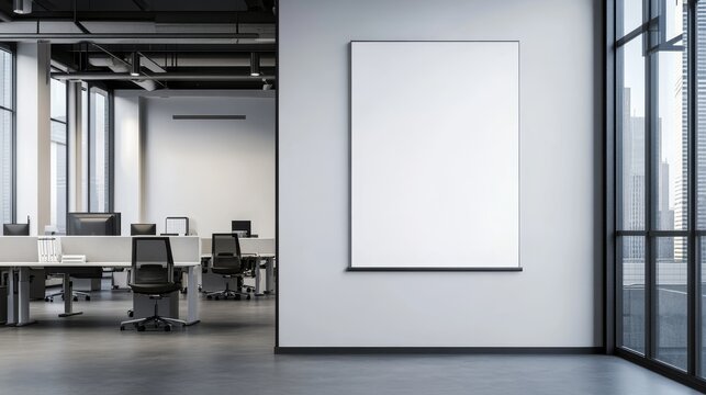 Modern Office Space with Blank Poster for Presentation or Advertisement - This image depicts a modern office setting with a large blank poster on the wall, suggesting a space for displaying presentati