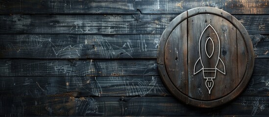 A sketch of a rocket on a circular wooden board symbolizing the beginning of a thriving business venture providing creative inspiration with space for additional text or images