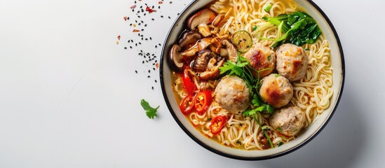 Misoa ayam bakso a traditional Indonesian Chinese dish consisting of small rice and egg noodles with chicken mushrooms and meatballs in a bowl viewed from the top isolated on a white background with