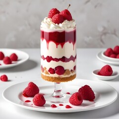 Layers of vanilla custard cream, cake and raspberry coulis in a tall glass