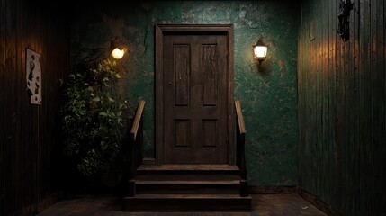 Fototapeta premium A dark room with a wooden door and a plant in front of it. The door is closed and the room is dimly lit