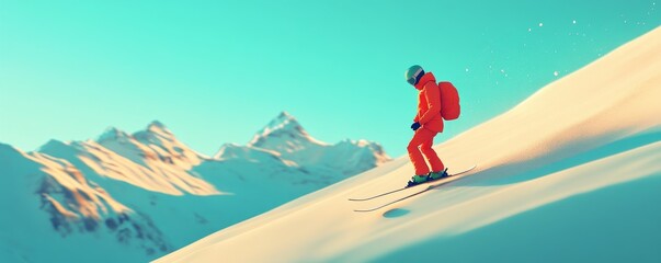 A lone skier descends a mountain slope, with clear blue skies overhead.