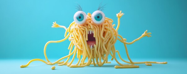 A spaghetti monster with googly eyes, screaming on blue background.