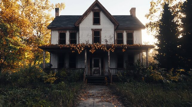 A large, old house with a porch and a staircase. The house is surrounded by trees and has a lot of leaves on the porch. Scene is eerie and spooky