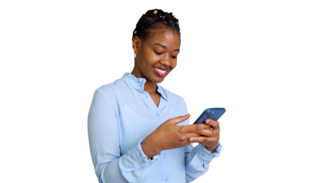 Happy African American woman having fun online	
