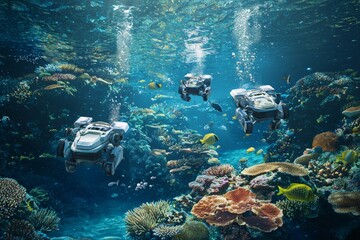 Obraz premium A team of robots and marine biologists working together to restore coral reefs and clean up ocean plastics, emphasizing the importance of protecting marine ecosystems for a sustainable planet