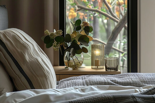 A close up shot of the bedside table in an apartment with large windows, adorned with fresh flowers and candles. The bed is covered in soft linens that add to its comfort. A warm glow emanates