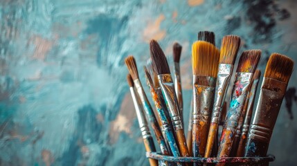 Fototapeta premium Paintbrushes for Creative Art and Artistic Expression - A collection of paintbrushes of various sizes and shapes, standing upright in a container. The brushes represent creativity, artistry, and the t