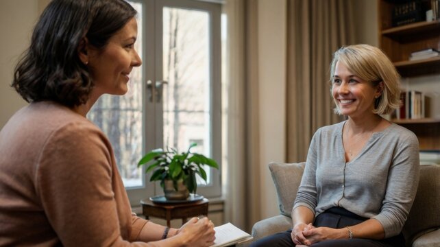 A therapist and a patient engaged in a supportive conversation in a warm, inviting therapy room.