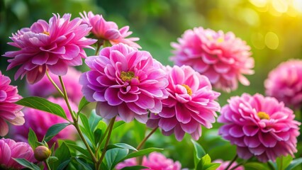 Vibrant pink flowers with delicate petals and lush green leaves flourishing against a soft, blurred background, exuding serenity and elegance in a natural setting.