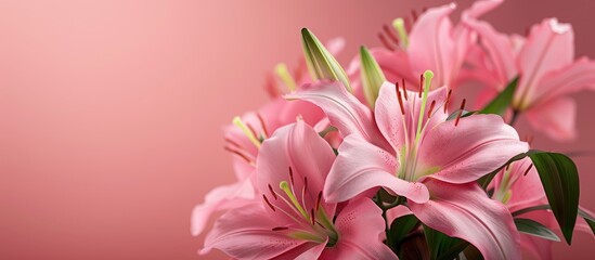 Fototapeta premium A stunning pink lily arrangement against a vibrant pink backdrop emanating elegance and beauty Ideal as a template with ample copy space for customization