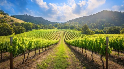Fototapeta premium Picturesque Vineyard Rows Under a Sunny Sky - A picturesque vineyard with rows of grapevines stretching towards the horizon under a bright blue sky. The lush greenery symbolizes growth, prosperity, an