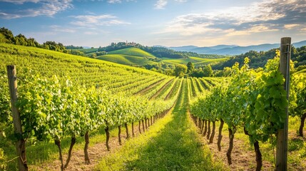 Picturesque Vineyard Landscape Under a Clear Blue Sky - A scenic vineyard with rows of grapevines, lush green foliage, and a clear blue sky. The image symbolizes  growth, nature, agriculture, winemaki