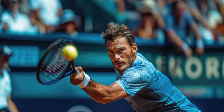 A Caucasian man plays tennis, a professional tennis player hits the ball with a racket at an international tennis tournament.