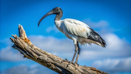 Fototapeta premium Majestic African sacred ibis perches on a weathered tree branch, its snowy-white feathers and black-tipped wings a striking contrast against a clear blue sky.