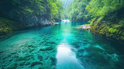 Flow of Radovna River: Captivating shot of the Radovna River meandering through Vintgar Gorge, with its clear, turquoise waters reflecting the surrounding nature.