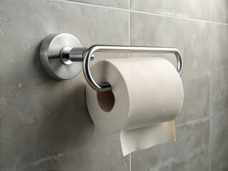 A spare roll of toilet paper, almost depleted, rests on a sleek brushed nickel holder affixed to a soothing light grey bathroom wall.