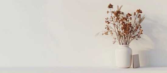 Minimalist composition with dried flowers in a contrasting white vase on a plain white background along with a decorative card and copy space image