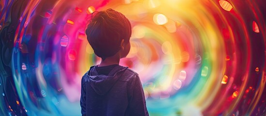 A joyful kid playing with a vintage rainbow magic spiral toy evoking 90s nostalgia in a retro style setting with copy space image