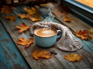 Steaming coffee on wood