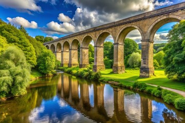 Fototapeta premium Historic 19th-century railway viaduct with eleven arches crosses the serene River Derwent at Stamford Bridge in picturesque North Yorkshire, England, surrounded by lush greenery.