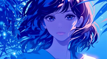 Fototapeta premium Japanese anime girl. Sea blue tone. soft, ambient colors.