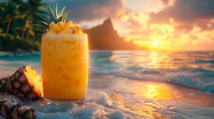 A refreshing pineapple smoothie on a tropical beach by the turquoise sea.