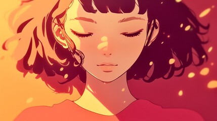 Japanese anime girl. Red tone. soft, ambient colors.