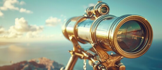 Tourists can enjoy a panoramic view of the distant horizon through silver and gold binoculars in this copy space image