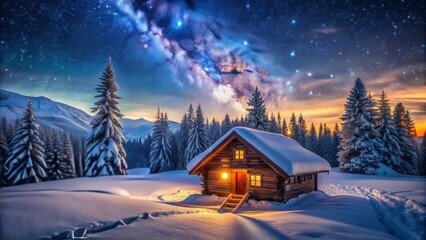 Fototapeta premium Enchanting winter scene featuring a cozy snow-covered wooden hut bathed in the soft, ethereal glow of a starlit night sky, evoking warmth and wonder.
