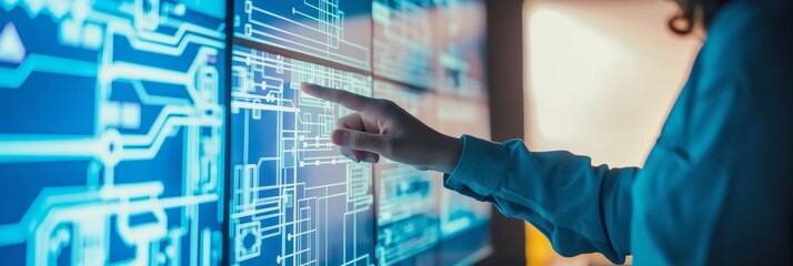 A person interacts with a digital touchscreen displaying a circuit diagram, showcasing modern technology and interactive design in digital engineering.