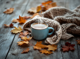 Fall leaves with coffee
