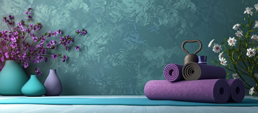 Yoga paraphernalia on a fitness themed copy space image