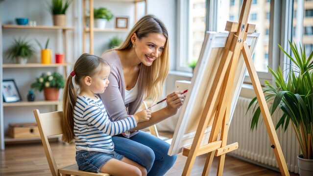 two moms drawing on easel