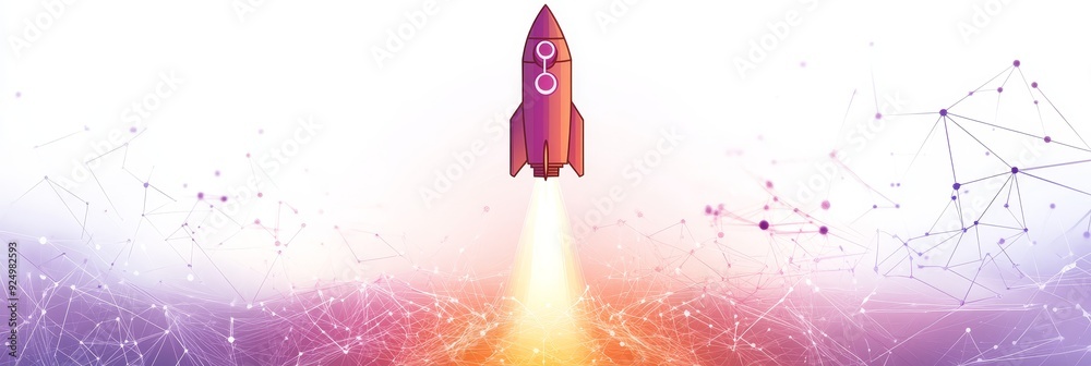 Poster rocket launching into a network of connections - a red rocket blasts off against a backdrop of a net